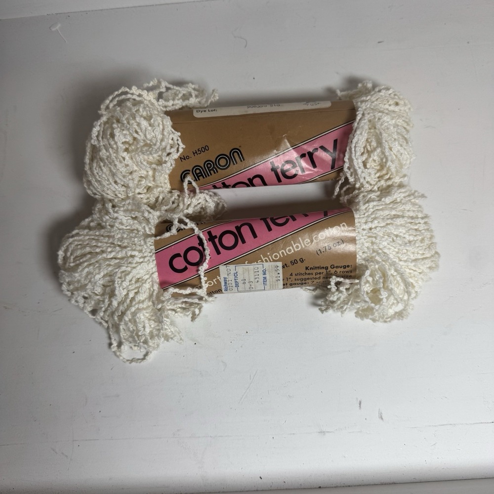 Vintage Caron Cotton Terry Yarn 2 Skeins 5001 White 50g 1.75oz